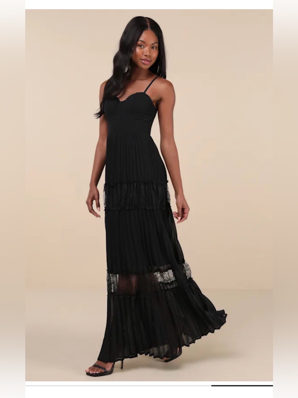 Lulu's Black Pleated Lace-Insert Maxi Dress - Picture 2 of 6